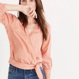 Madewell wrap blouse top size medium puff sleeve orange and white stars